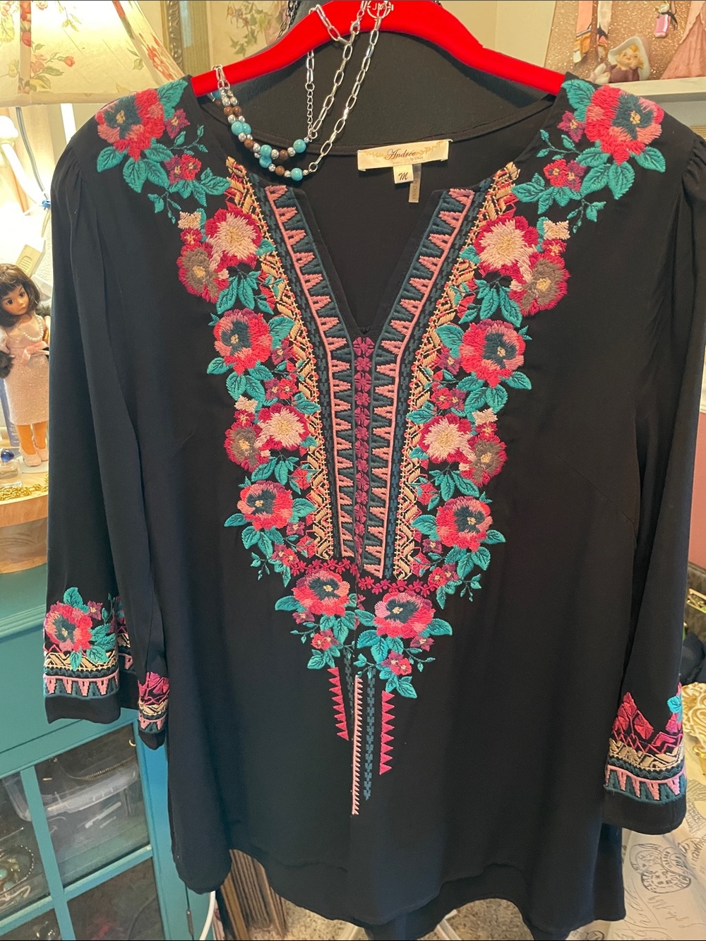 Embroidered V-Neck Floral Tunic Top - Black with Pink & Teal by